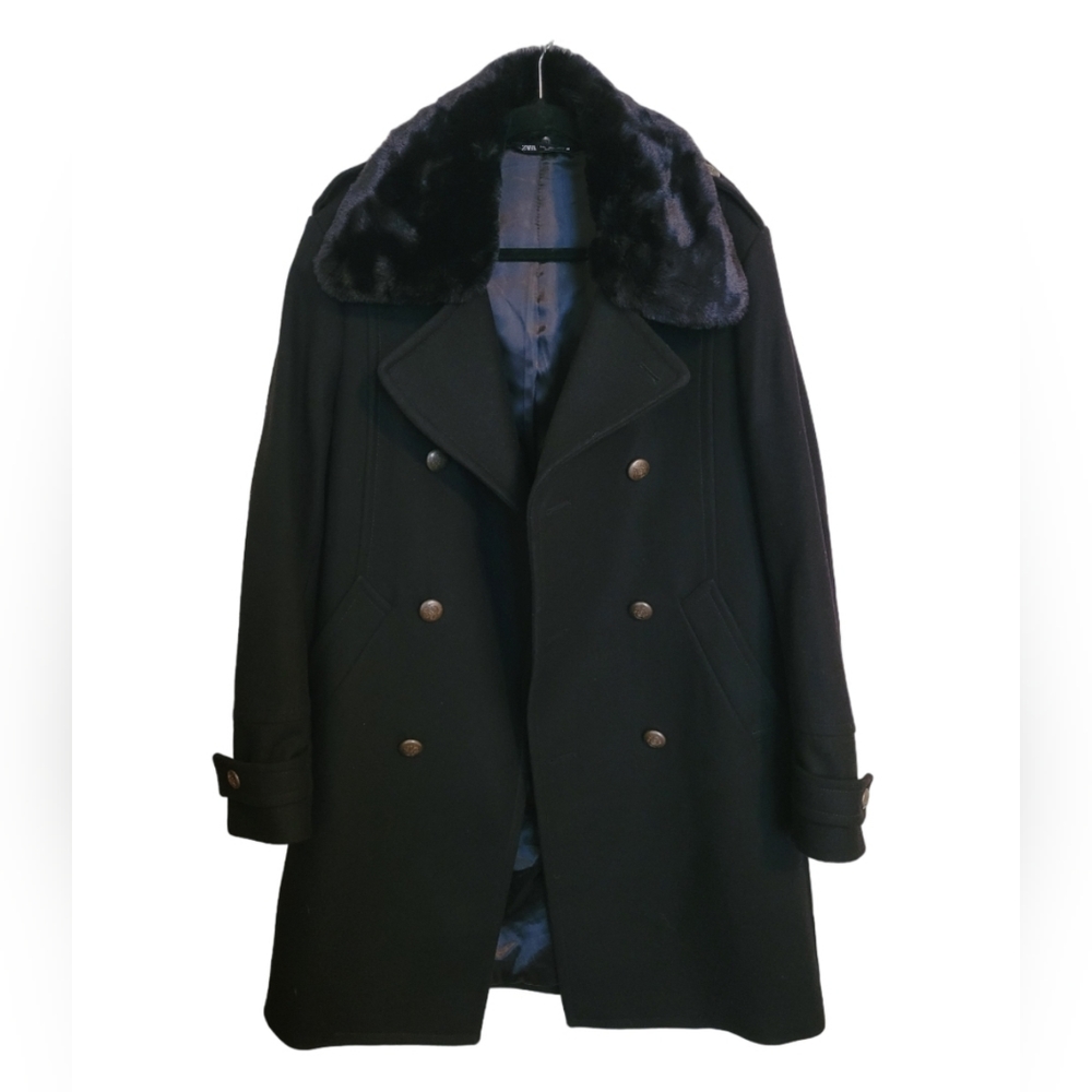 Zara Double Breasted Removable Fur Collar Coat